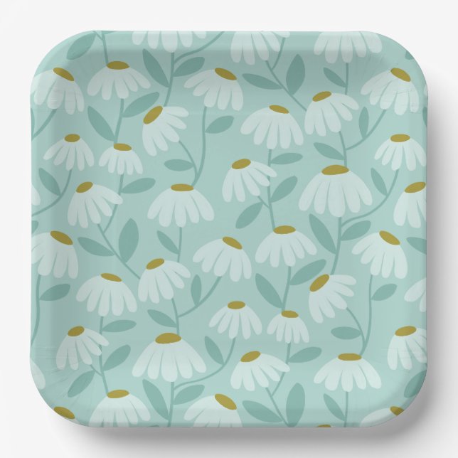 Floral Daisies Pattern Teal Blue & Olive Green Paper Plate (Front)
