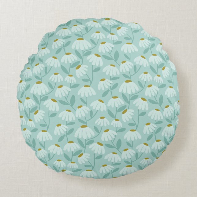 Floral Daisies Pattern Teal Blue & Olive Green Round Cushion (Front)