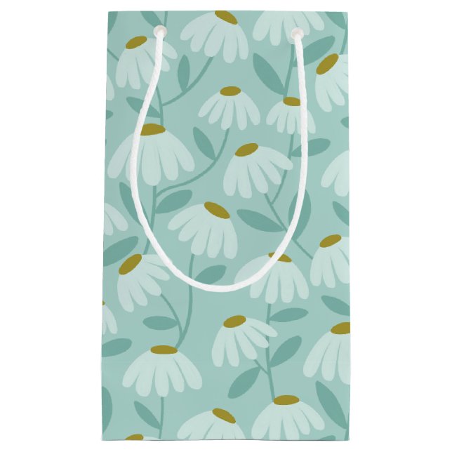 Floral Daisies Pattern Teal Blue & Olive Green Small Gift Bag (Front)