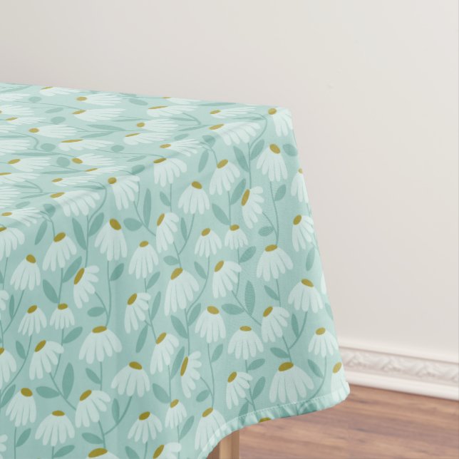 Floral Daisies Pattern Teal Blue & Olive Green Tablecloth (In Situ)