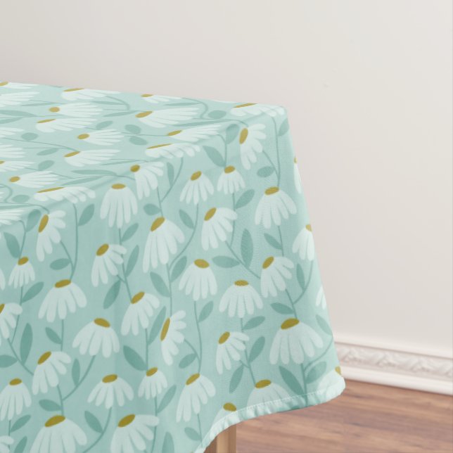 Floral Daisies Pattern Teal Blue & Olive Green Tablecloth (In Situ)