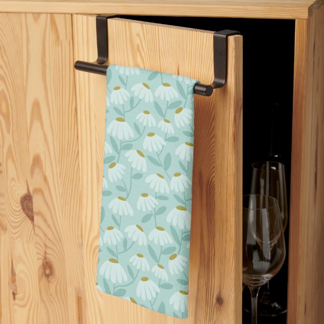 Floral Daisies Pattern Teal Blue & Olive Green Tea Towel (Thirds Fold)