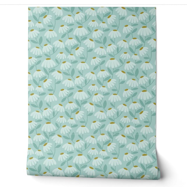 Floral Daisies Pattern Teal Blue & Olive Green Wallpaper (Unrolling)