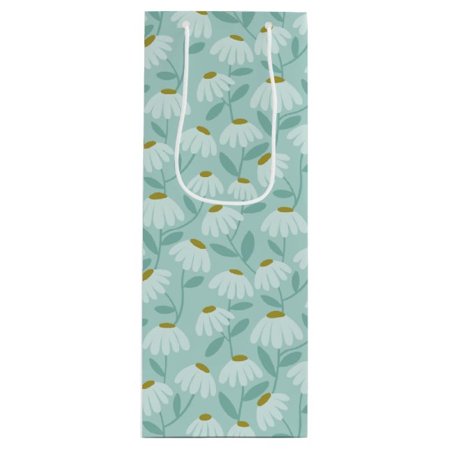 Floral Daisies Pattern Teal Blue & Olive Green Wine Gift Bag (Front)