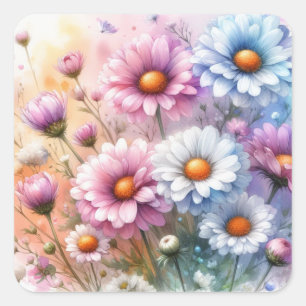 Floral daisies watercolor in soft pastel colours square sticker