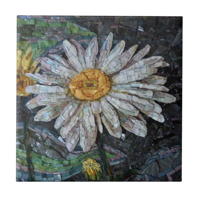 Floral Daisy Art Collage Blue Green Ceramic Tile (Front)