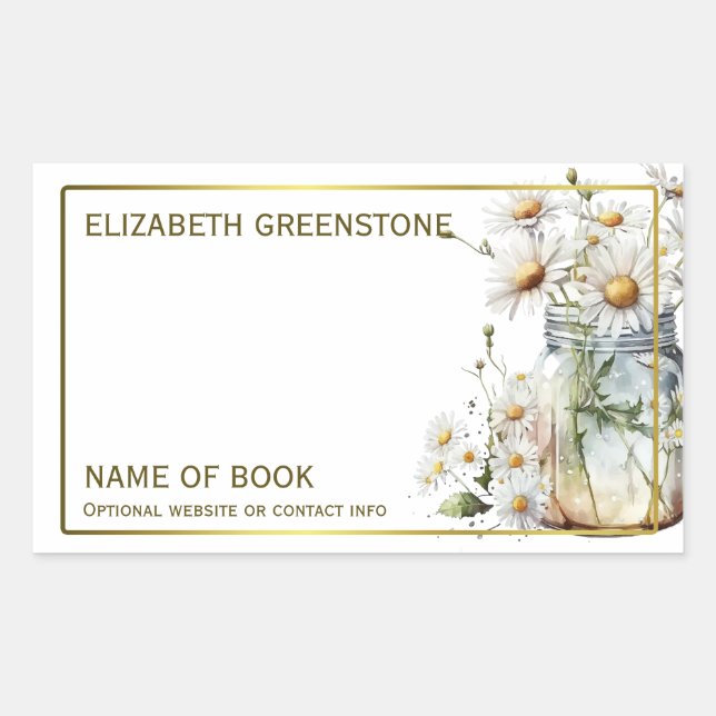 Floral Daisy Author Signature Bookplate Rectangular Sticker (Front)
