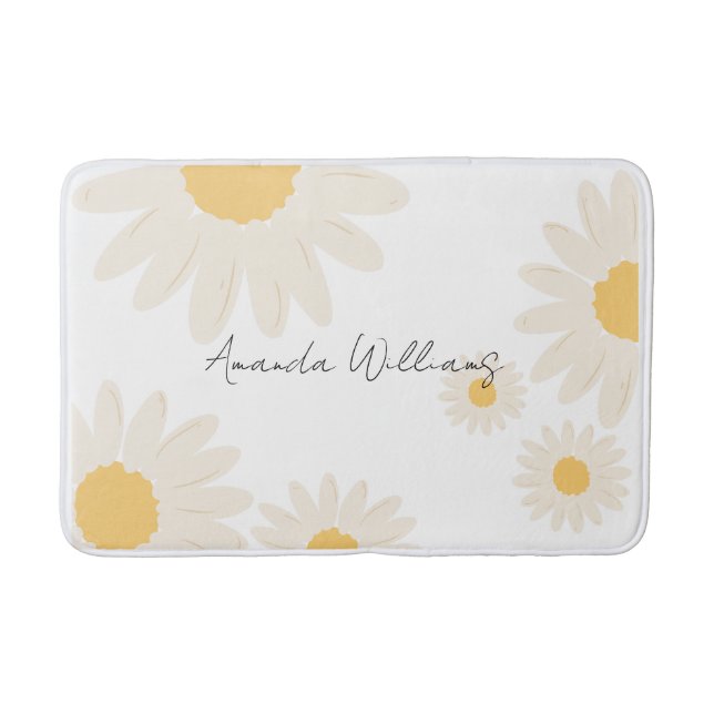 Floral Daisy Modern Minimalist White Bath Mat (Front)