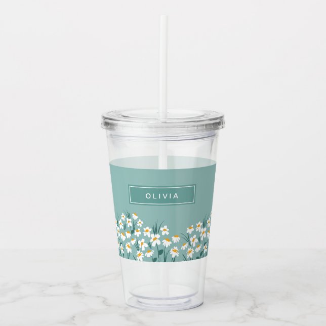 Floral daisy modern personalised cute elegant blue acrylic tumbler (Front)