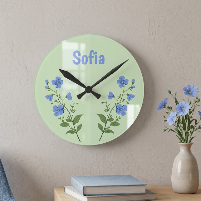Floral daisy modern personalised cute elegant blue round clock (Creator Uploaded)