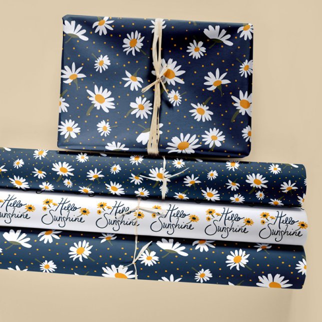 Floral Daisy Patterns Trio Decoupage Gift Wrapping Paper Sheet (Classic daisy blue yellow with Hello Sunshine wrapping paper sheets. Jenn Steffen-Studio Posies. )