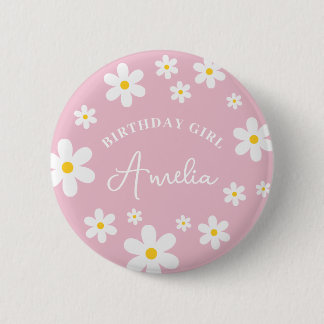 Floral Daisy Pink Girls Birthday Badge