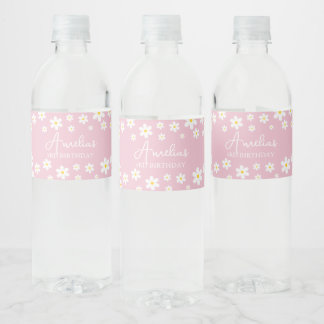 Floral Daisy Pink Party Water Bottle Label