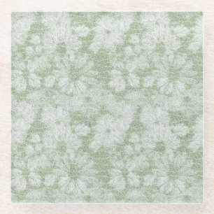 Floral Daisy Velvety LIme Green Glass Coaster