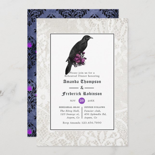 Floral Damask and Lace Gothic Rehearsal Dinner Invitation (Front/Back)