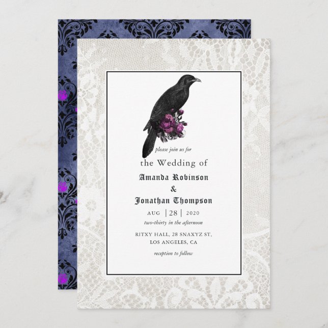 Floral Damask and Lace Gothic Wedding Invitation (Front/Back)