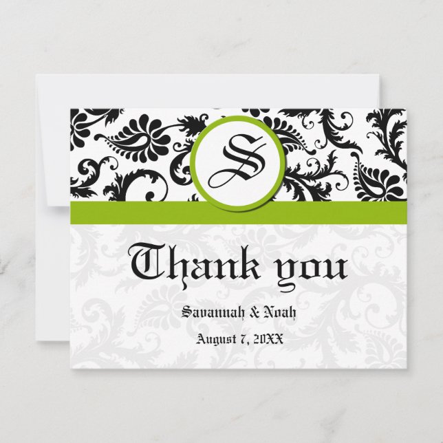 Floral Damask Black and White with Green Trim Thank You Card (Front)