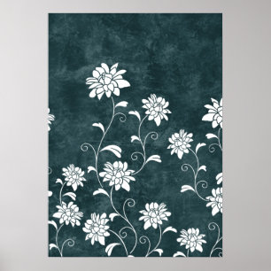 Floral damask blue & white flowers girly chic poster