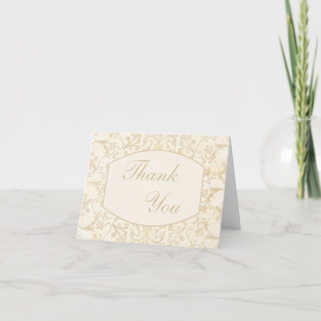 Floral Damask Creme and Beige Thank You Card (Front)