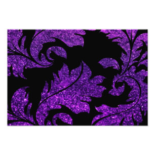 Floral Damask, Glitter Glow - Purple Black Photo Print