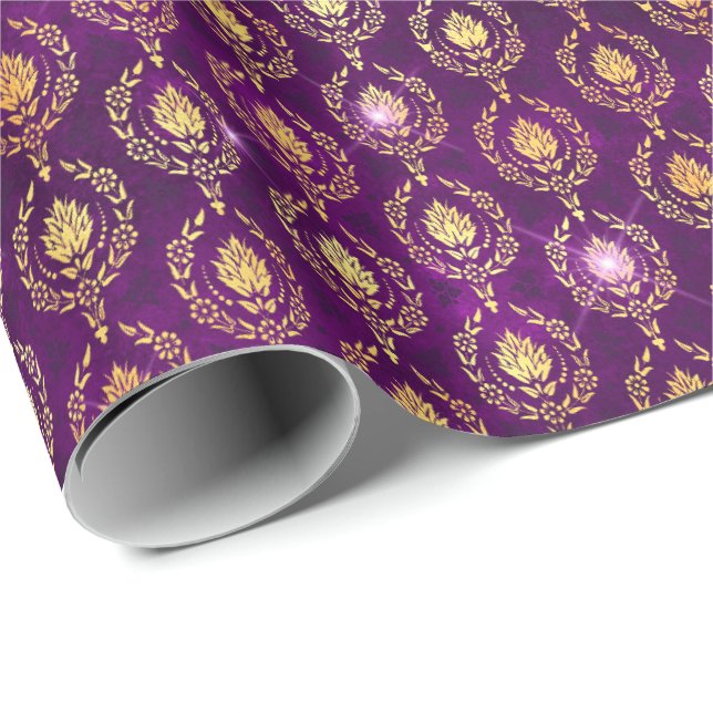 Floral Damask Halloween Spell Gold Purple Pattern Wrapping Paper (Roll Corner)