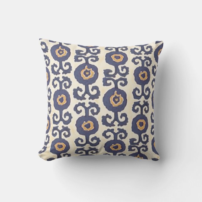 Floral Damask IKAT Tribal Bohemian Pattern Navy Cushion (Front)