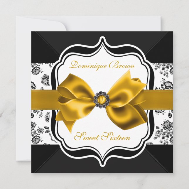 Floral Damask Invite with Gold Bow (Front)
