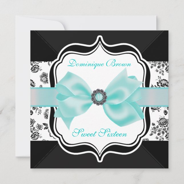 Floral Damask Invite with Teal Bow (Front)