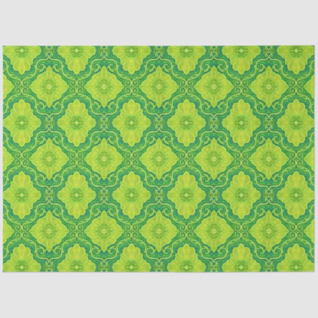 Floral Damask Pattern Green Lemon Yellow Flowers Tissue Paper (Front)