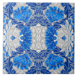 Floral Damask, Sapphire Blue and Gray Ceramic Tile