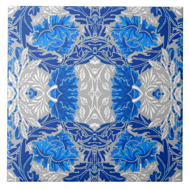 Floral Damask, Sapphire Blue and Grey  Ceramic Tile (Front)