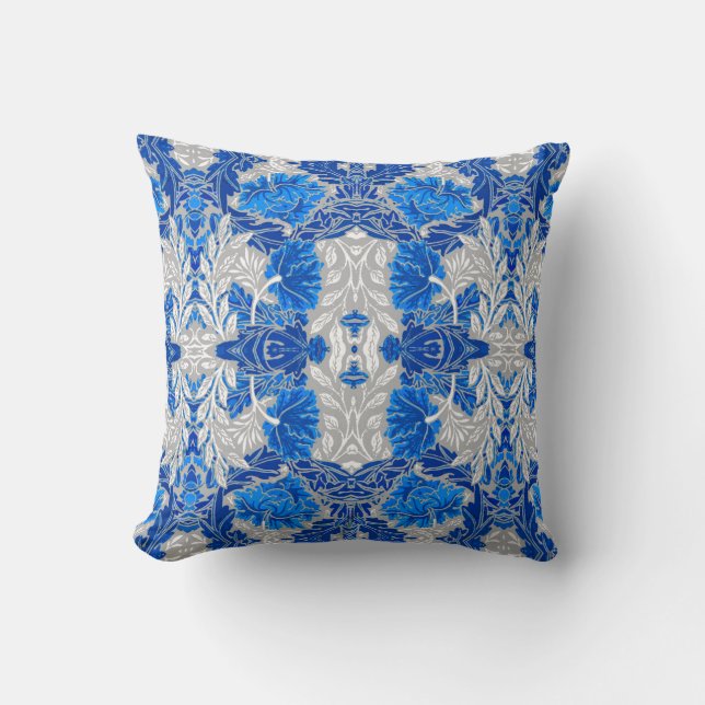 Floral Damask, Sapphire Blue and Grey  Cushion (Front)