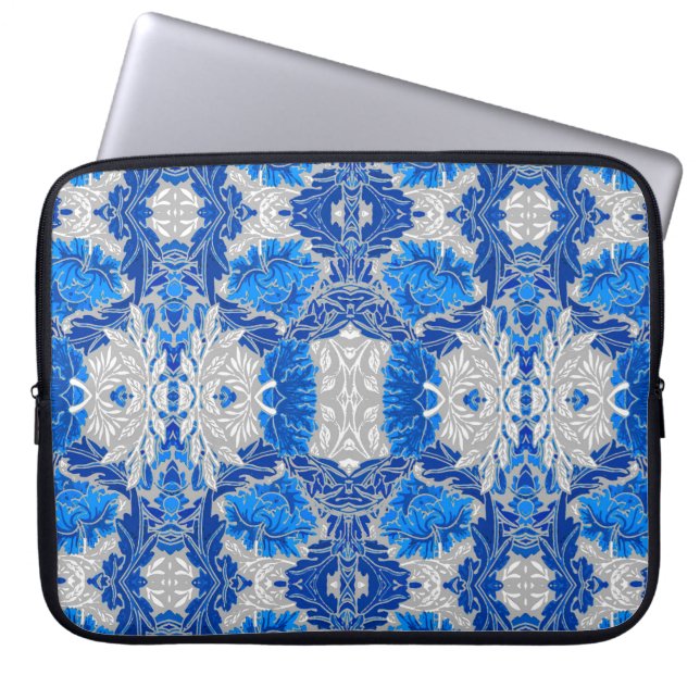 Floral Damask, Sapphire Blue and Grey  Laptop Sleeve (Front)