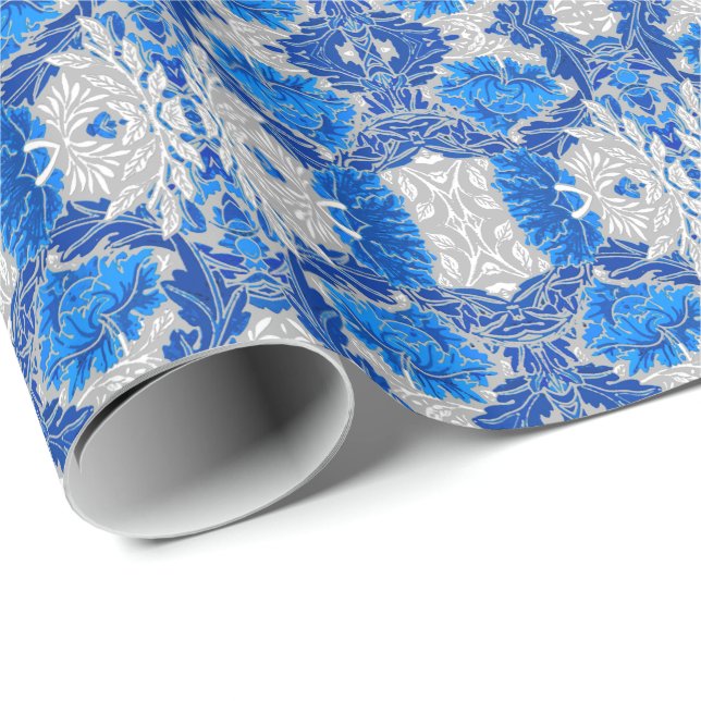 Floral Damask, Sapphire Blue and Grey  Wrapping Paper (Roll Corner)