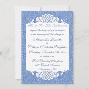 Floral Damask & Scrolls Blue Wedding Invitation