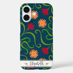    Floral Damask Sunflower Boho Navy Blue Folk Art iPhone 16 Case