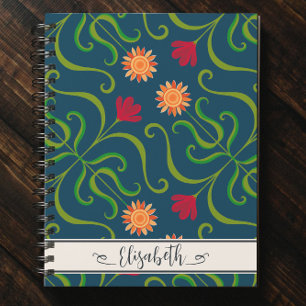 Floral Damask Sunflower Boho Navy Blue Folk Art Notebook