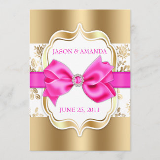 Floral Damask Wedding Invite w/ Bow [Gold & Pink]