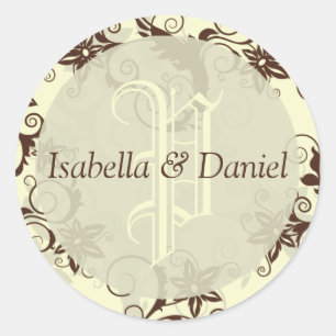 Floral Damask Wedding Monogram Names Custom Design Classic Round Sticker