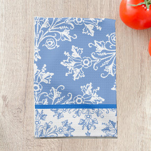 Floral Damask White Cornflower Blue with Border Tea Towel
