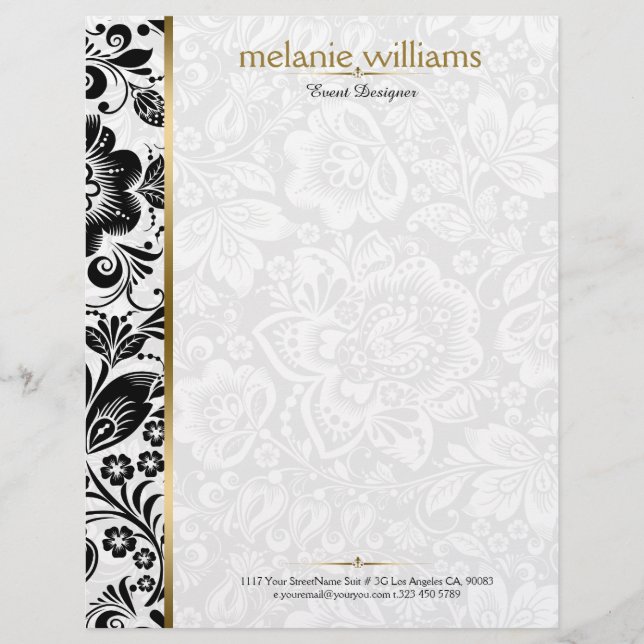 Floral DamasksIn Black & White With Gold Accents Custom Letterhead (Front)