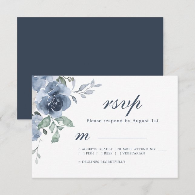 Floral Dark Blue Ivory Rose Wedding RSVP  Card (Front/Back)