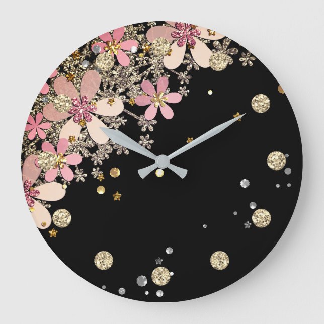 Floral dark flowers glitter silver elegant black g large clock (Front)