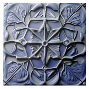 Floral Dark Indigo Blue Faux Relief Flower Cross Ceramic Tile