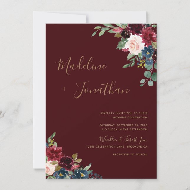 Floral Dark Moody Burgundy Jewel Tone Wedding Invi Invitation (Front)