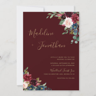 Floral Dark Moody Burgundy Jewel Tone Wedding Invi Invitation