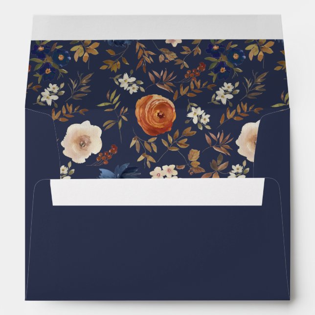 Floral Dark Moody Navy Blue Rust Wedding Envelope (Back (Bottom))