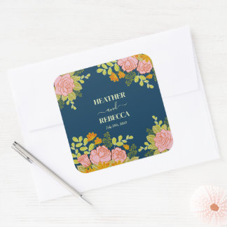 Floral Dark Navy Blue Wedding Botanic Gift Square Sticker