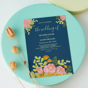 Floral Dark Navy Blue Wedding Botanic Invitation