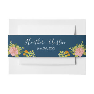 Floral Dark Navy Blue Wedding Botanic Invitation Belly Band